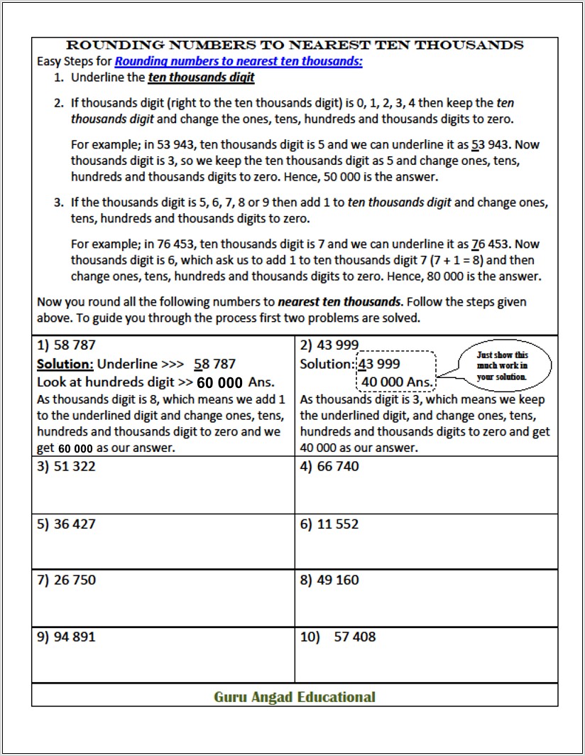 Rounding Numbers Thousands Worksheets