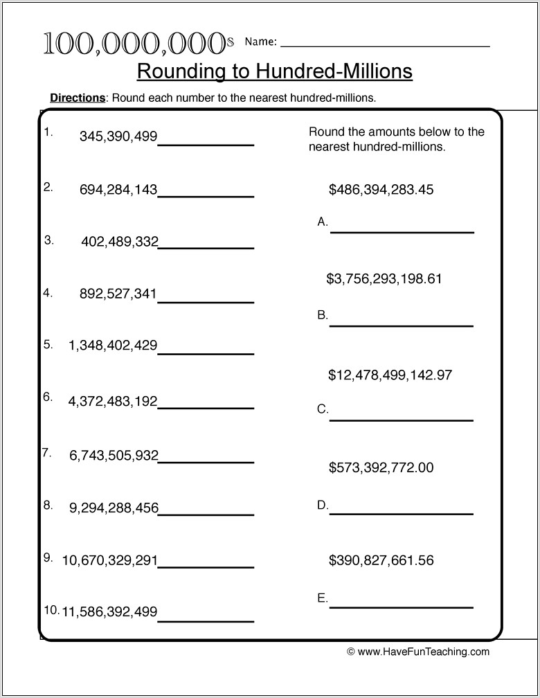 Rounding Numbers To The Nearest Millions Worksheet