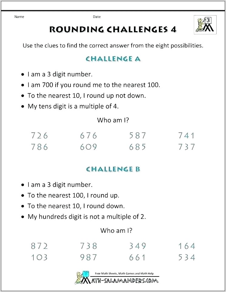 Rounding Whole Numbers Printable Worksheets