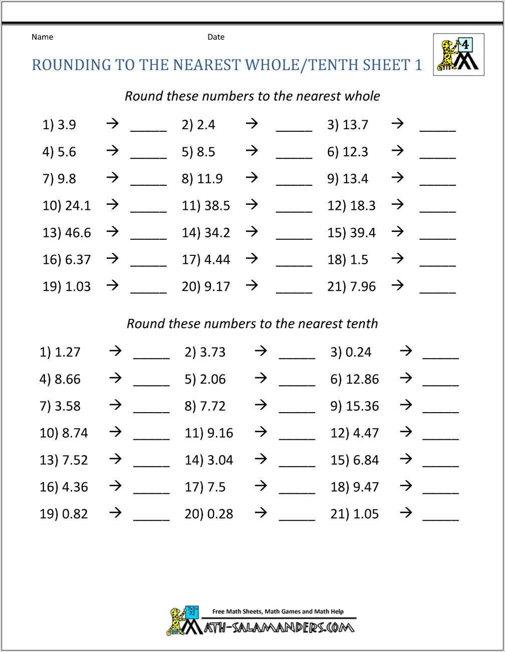 Rounding Whole Numbers Worksheets Free