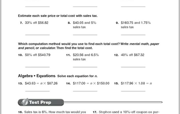 Sales Tax Worksheet 7th Grade