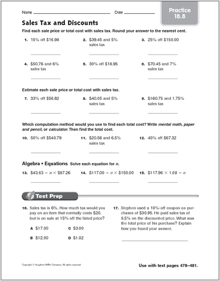 Sales Tax Worksheet 7th Grade