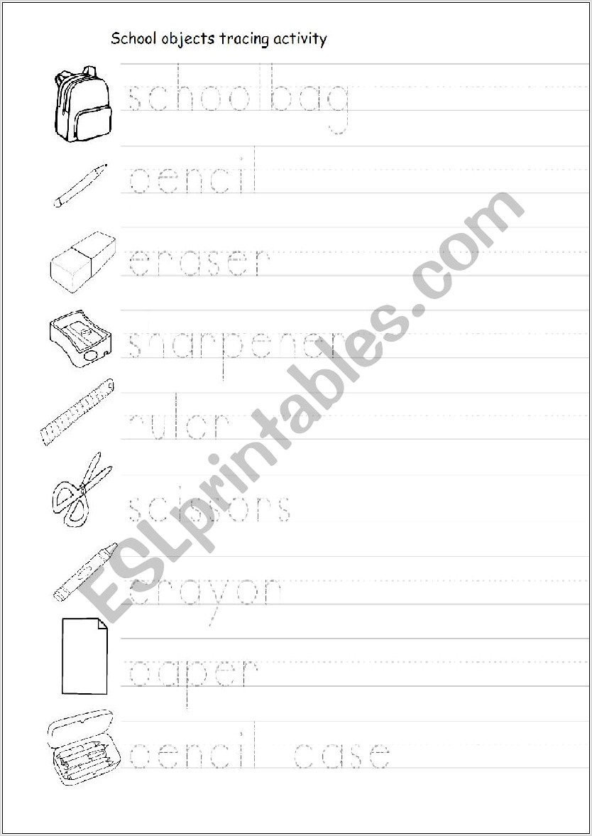School Objects Tracing Worksheet