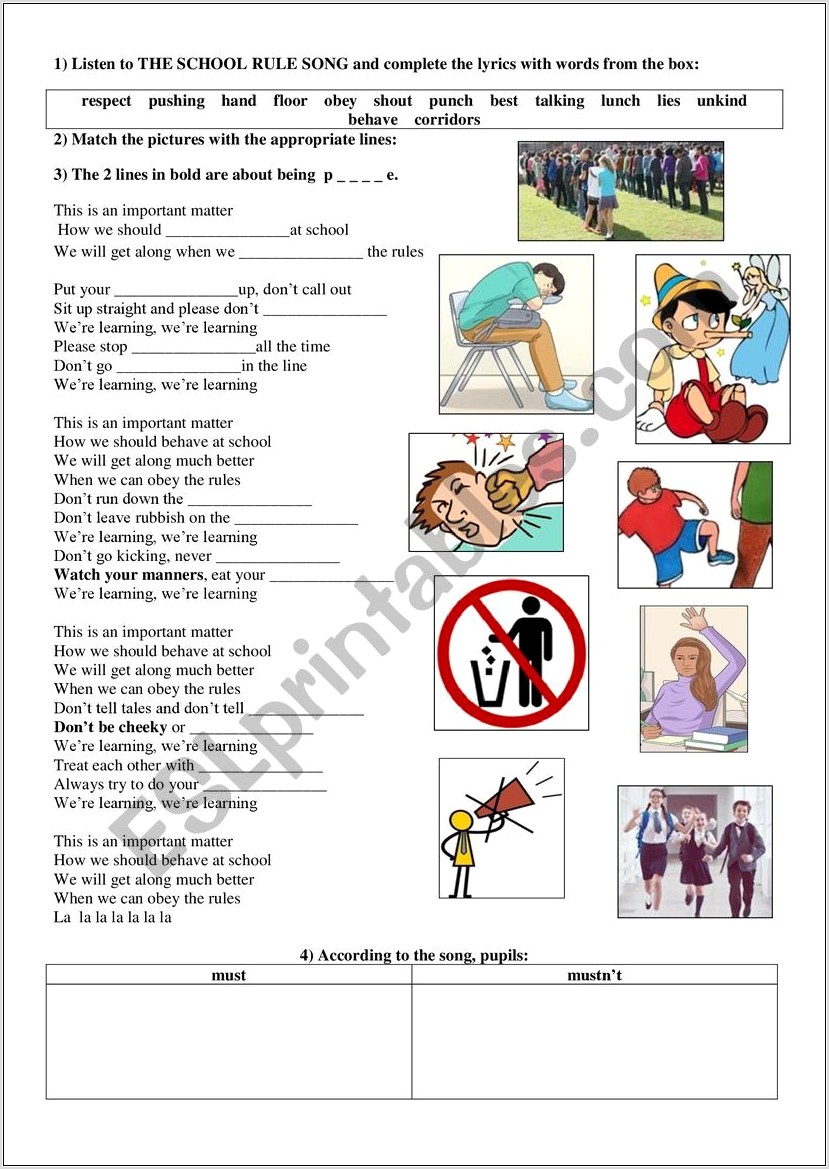 School Rules Esl Worksheet