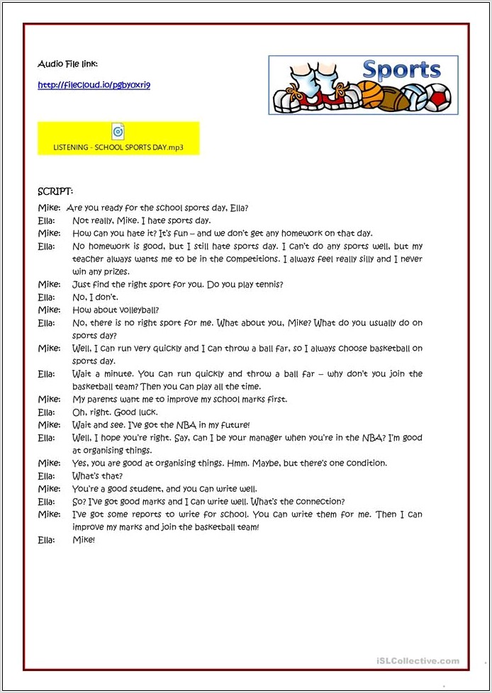 School Sports Day Worksheet