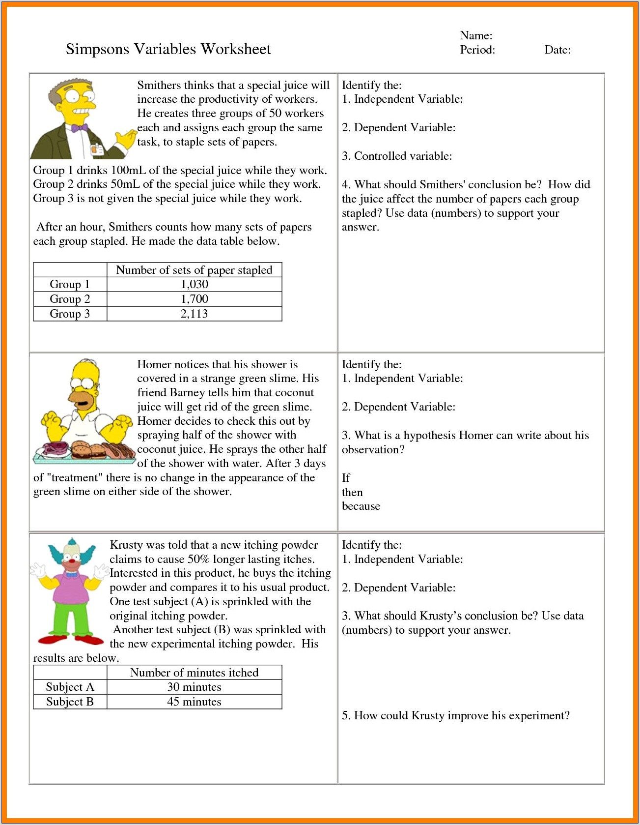 Science Variables Worksheet Elementary
