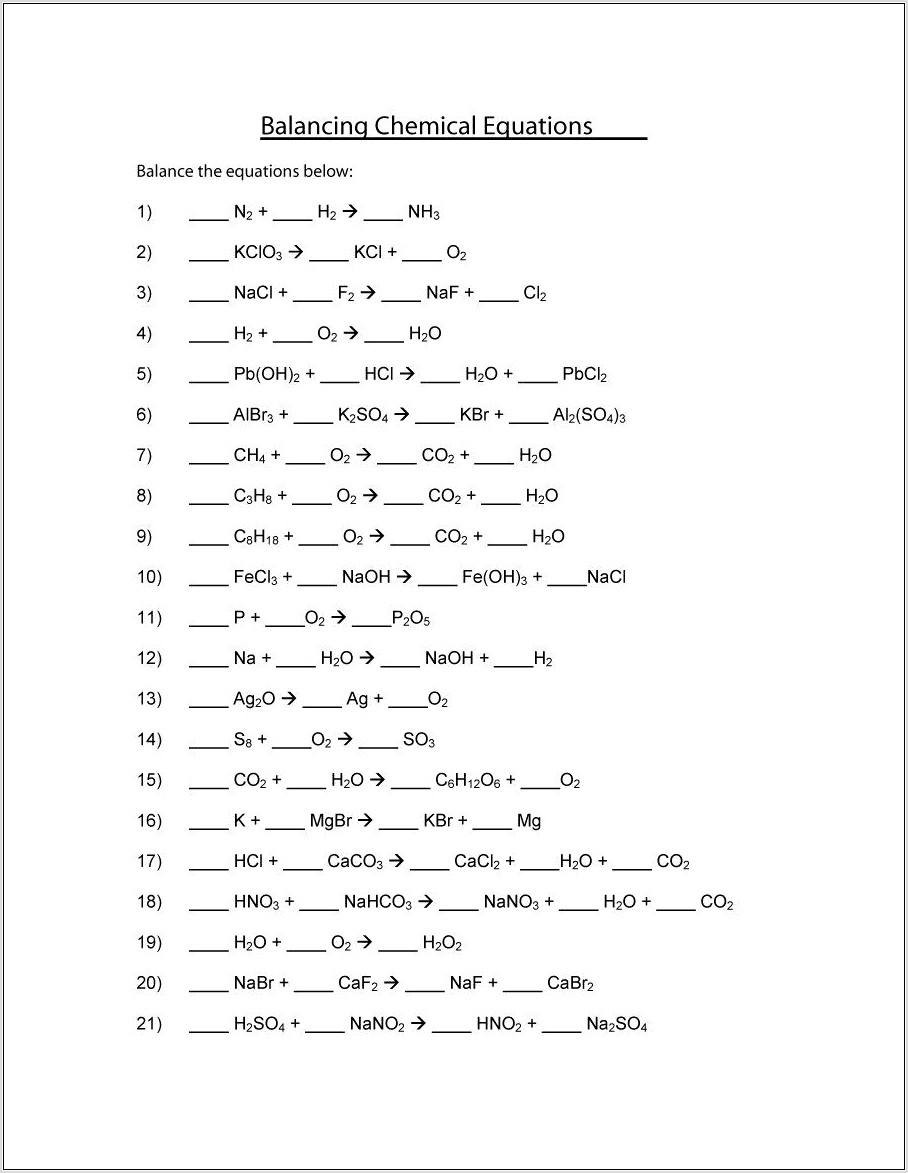 Science Word Equations Worksheet