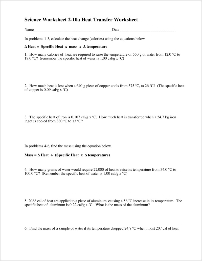 Science Worksheet 2 10a Heat Transfer