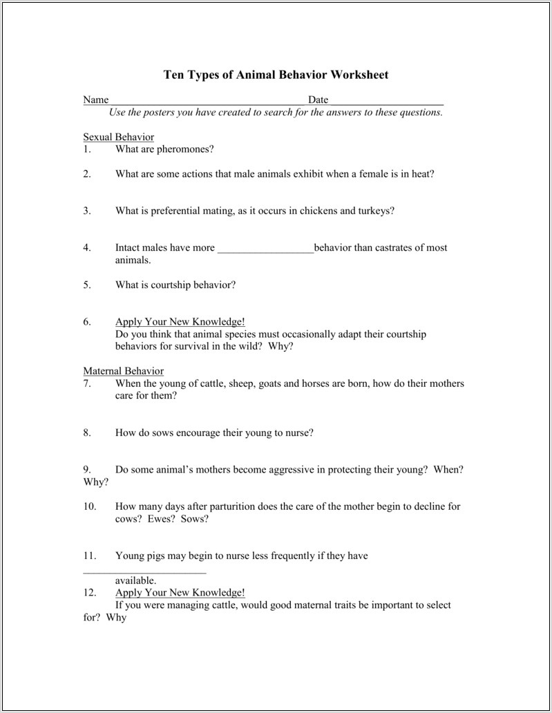 Science Worksheet Animal Behavior