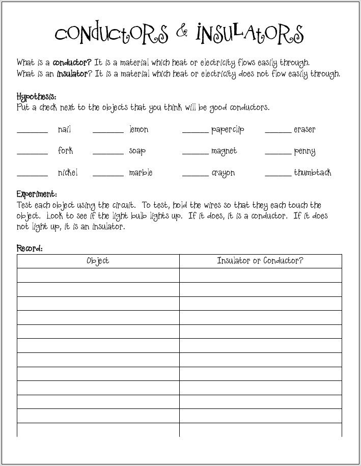 Science Worksheet Conductorsinsulators