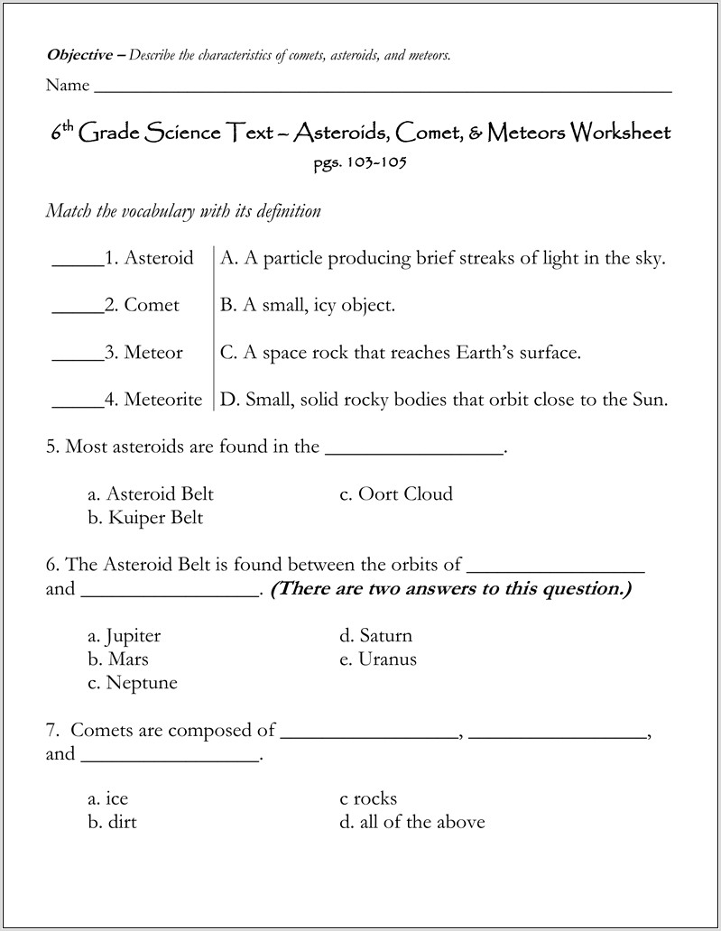 Science Worksheet Grade 6