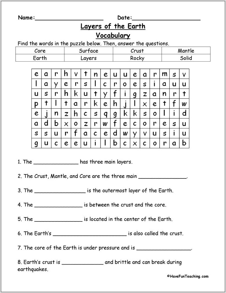 Science Worksheet Layers Of The Earth