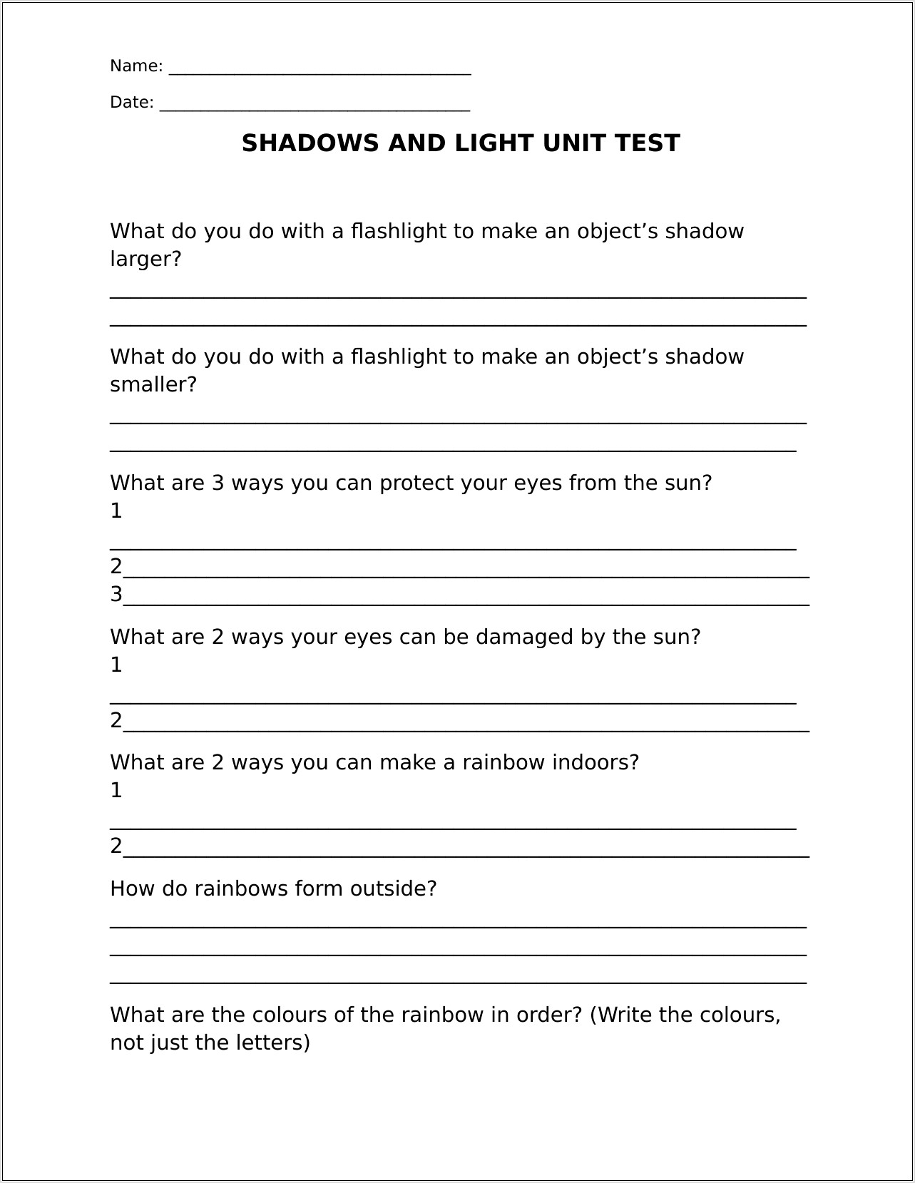 Science Worksheet Light And Shadow