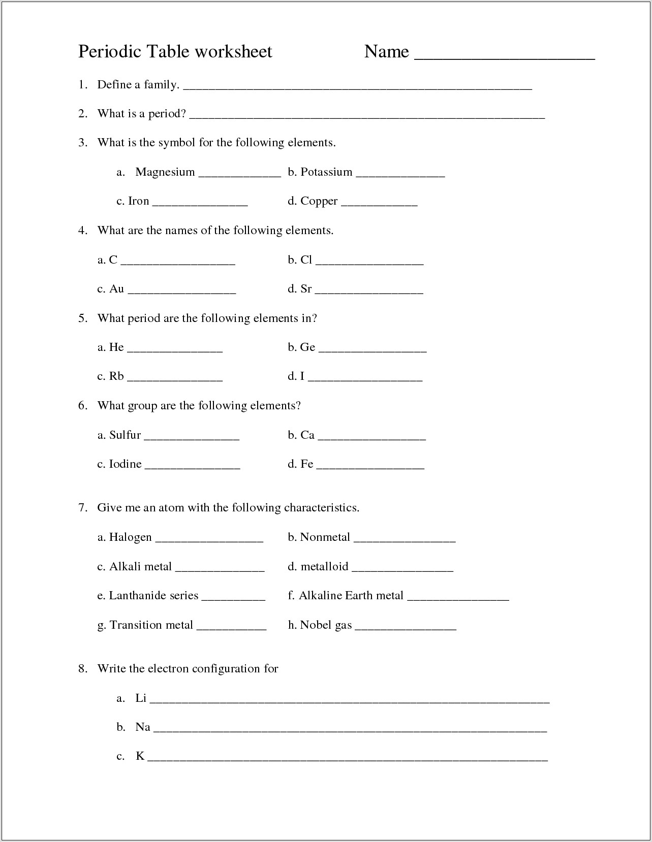 Science Worksheet Periodic Table