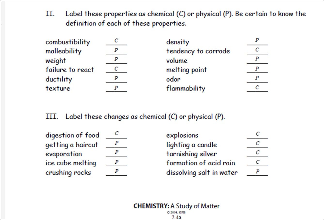 Science Worksheet Physical And Chemical Changes