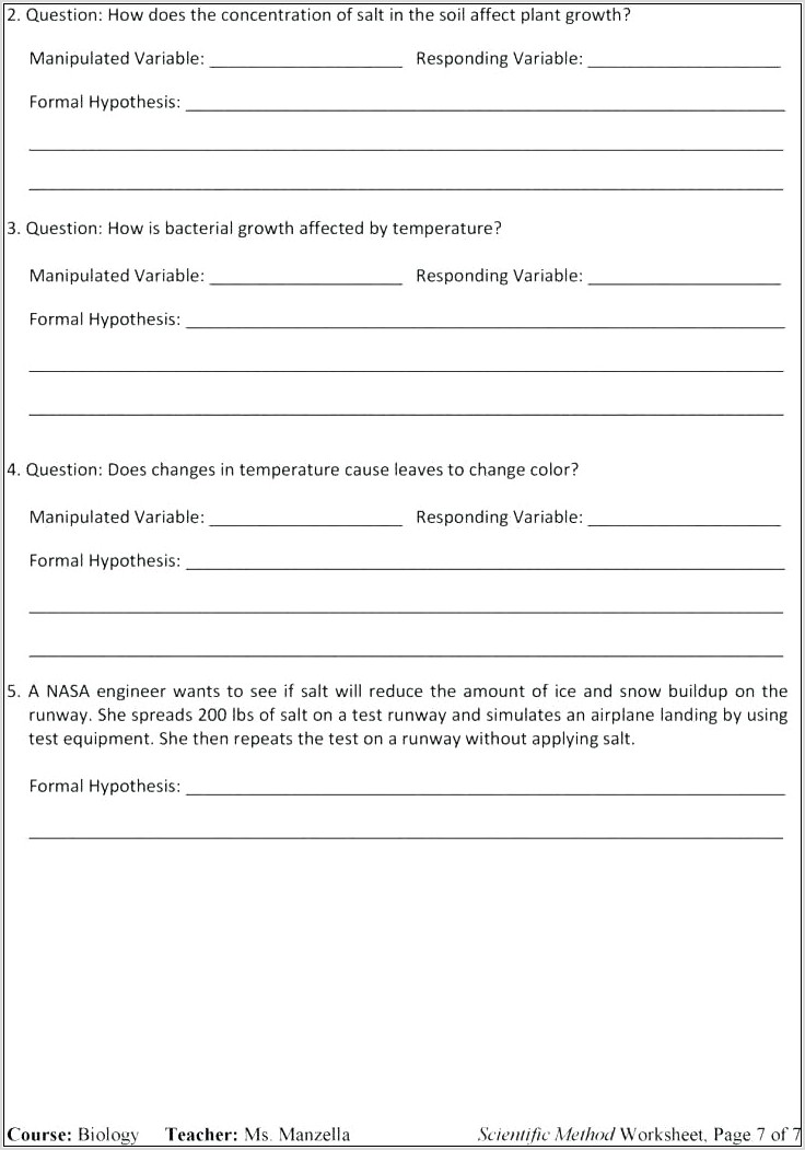 Scientific Method Unit Questions Worksheet Answers