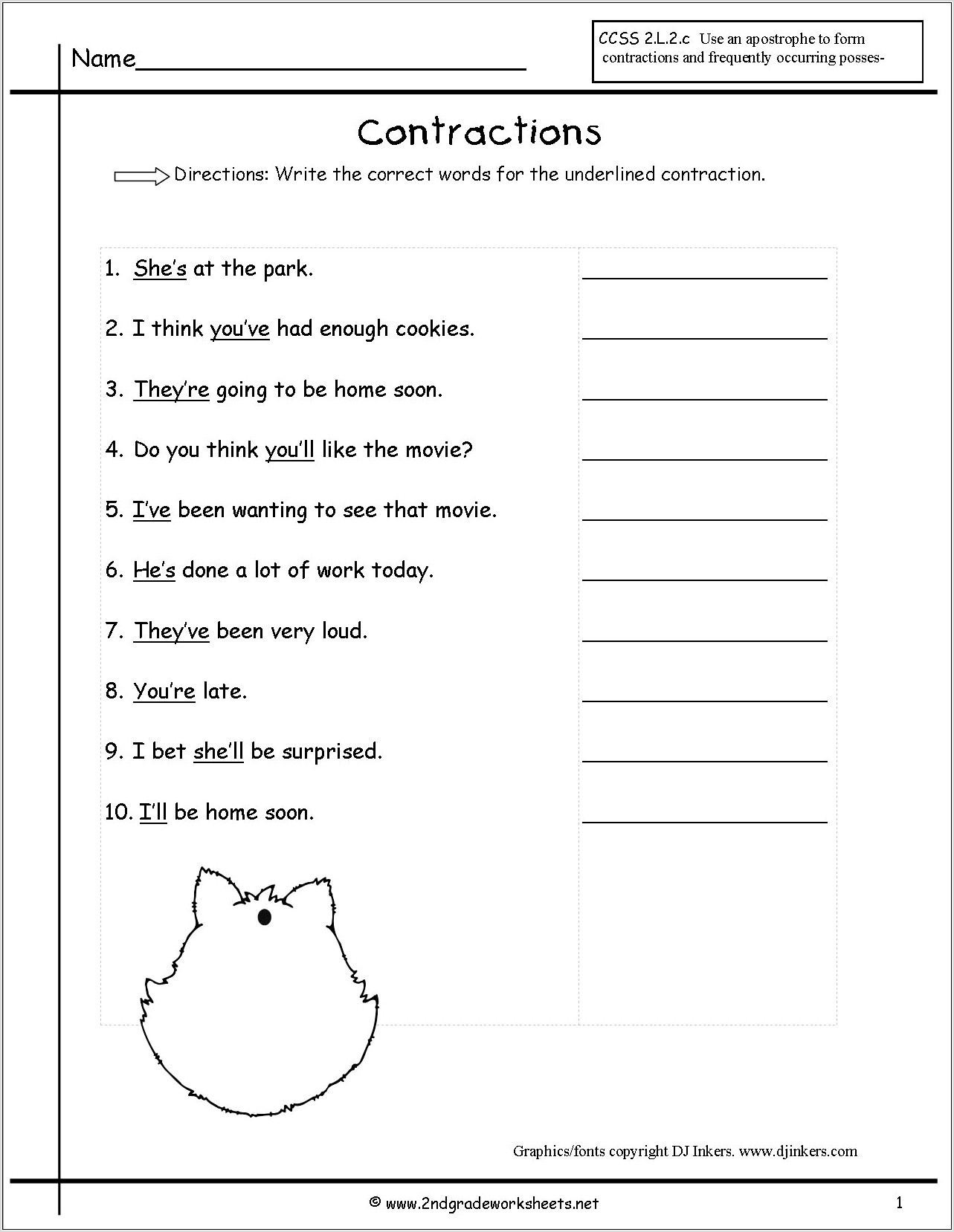 Second Grade Worksheet On Contractions