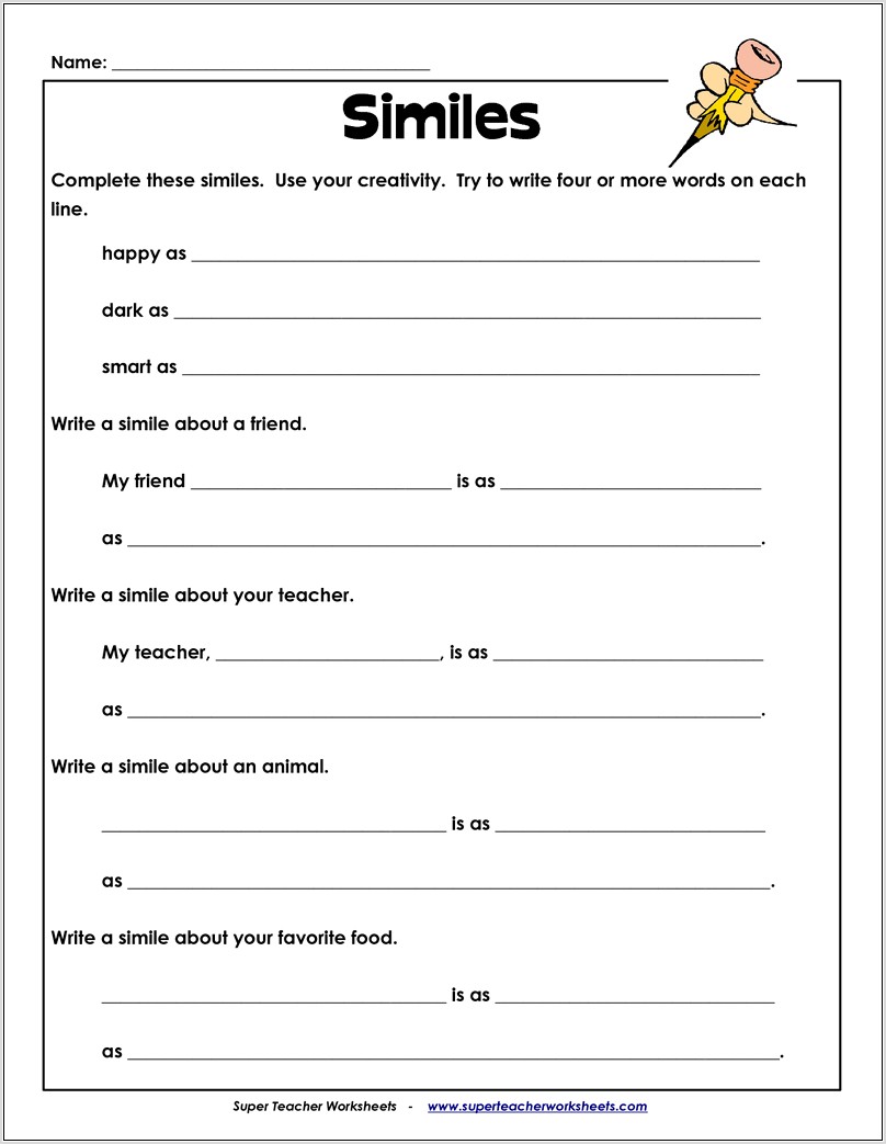 Simile Worksheet Second Grade