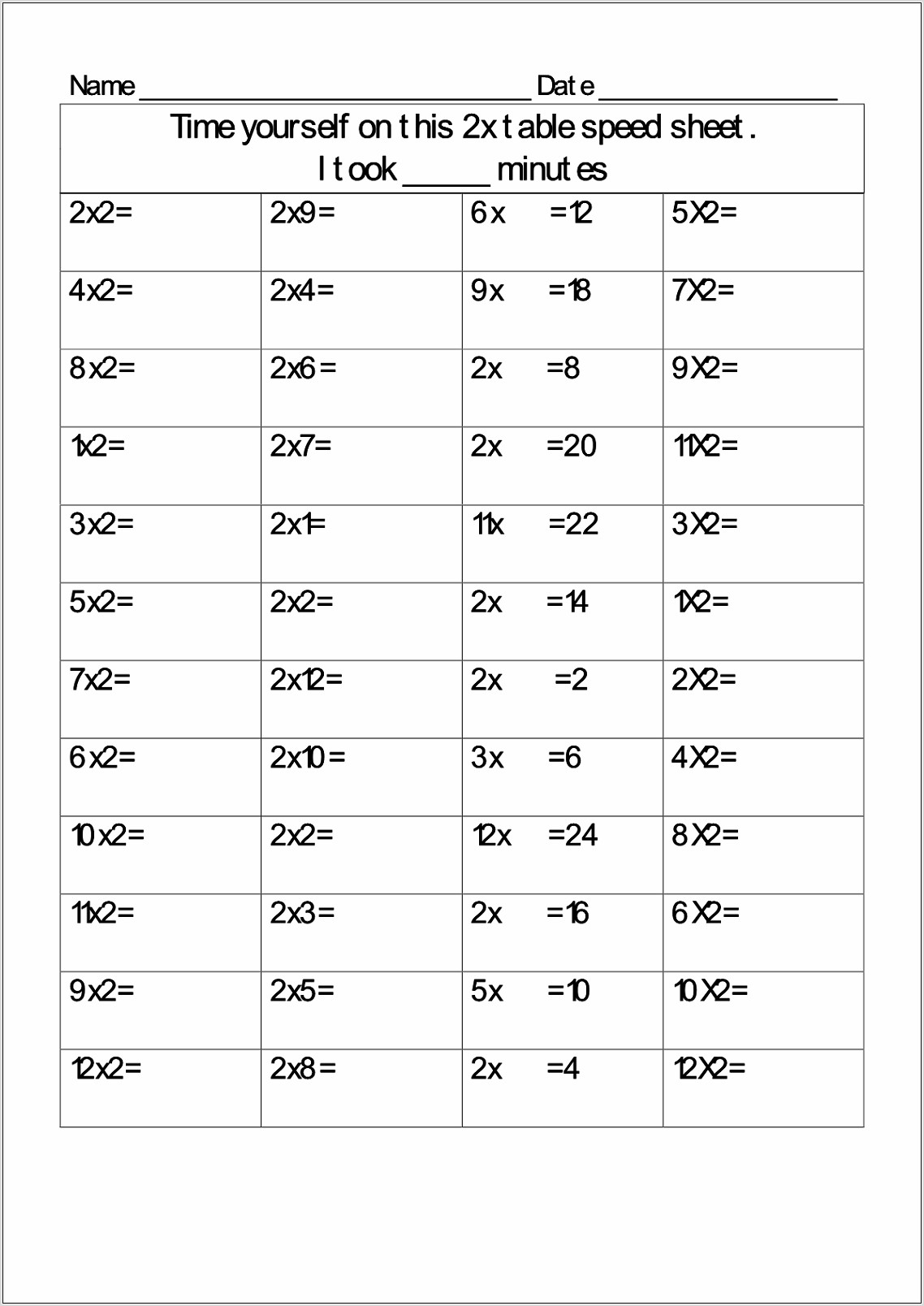 Simple 2 Times Tables Worksheets