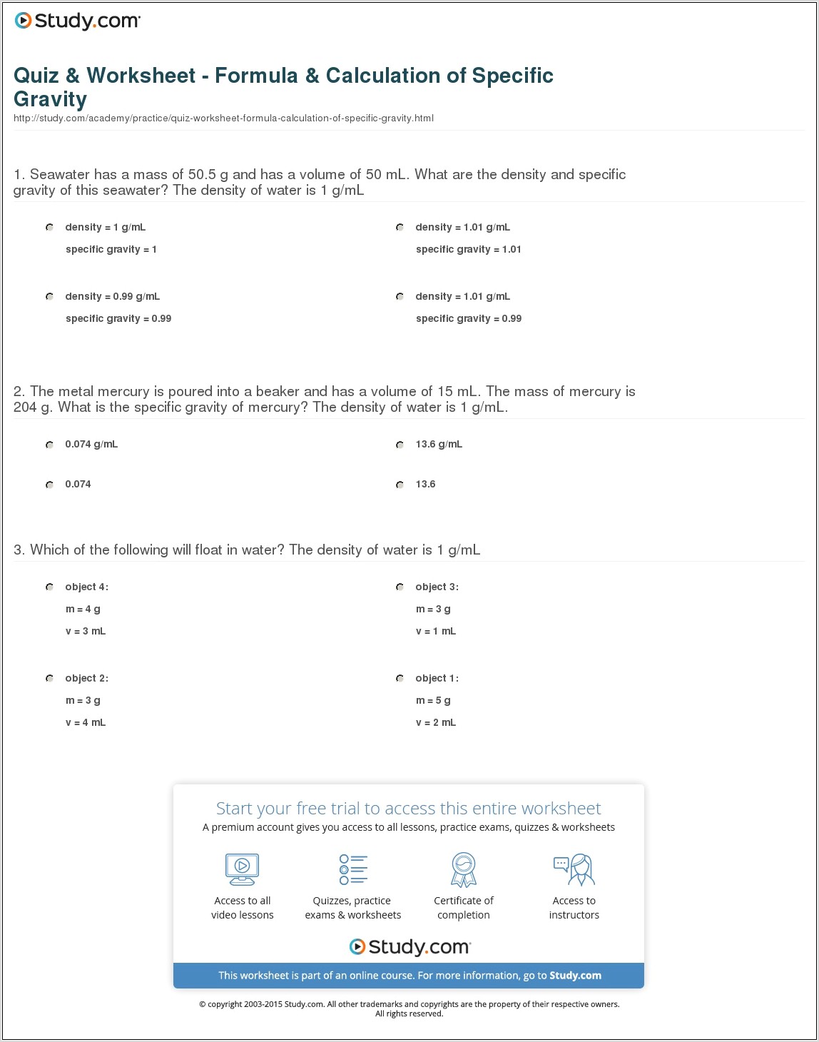 Simple Density Problems Worksheet With Answers