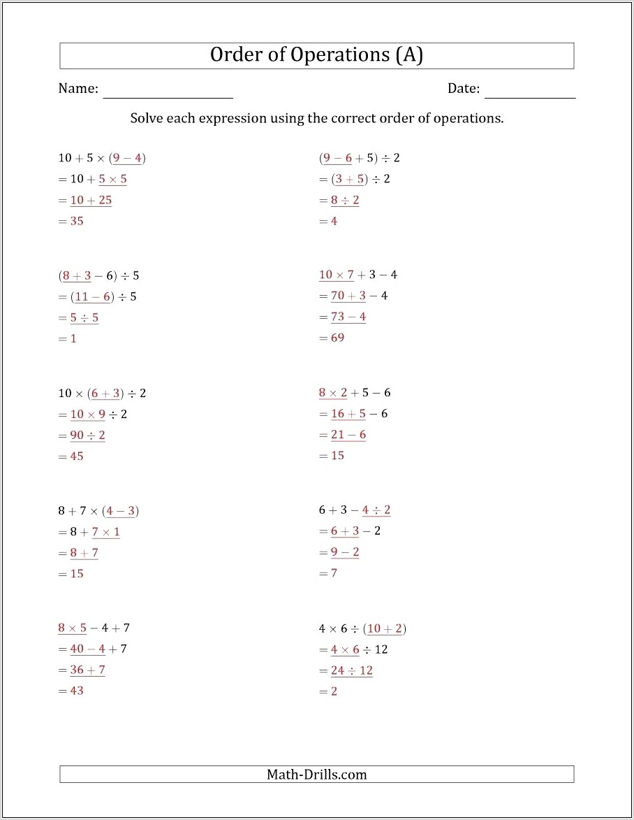 Simplify Using Order Of Operations Worksheet