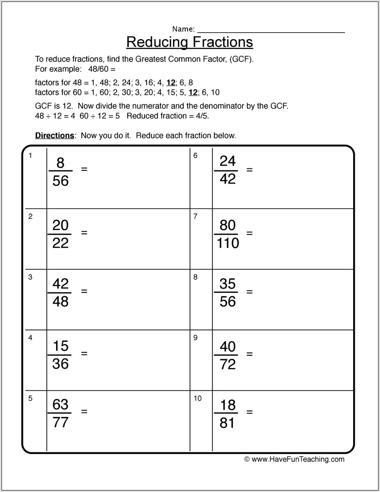 Simplifying Fractions Worksheet Level 5