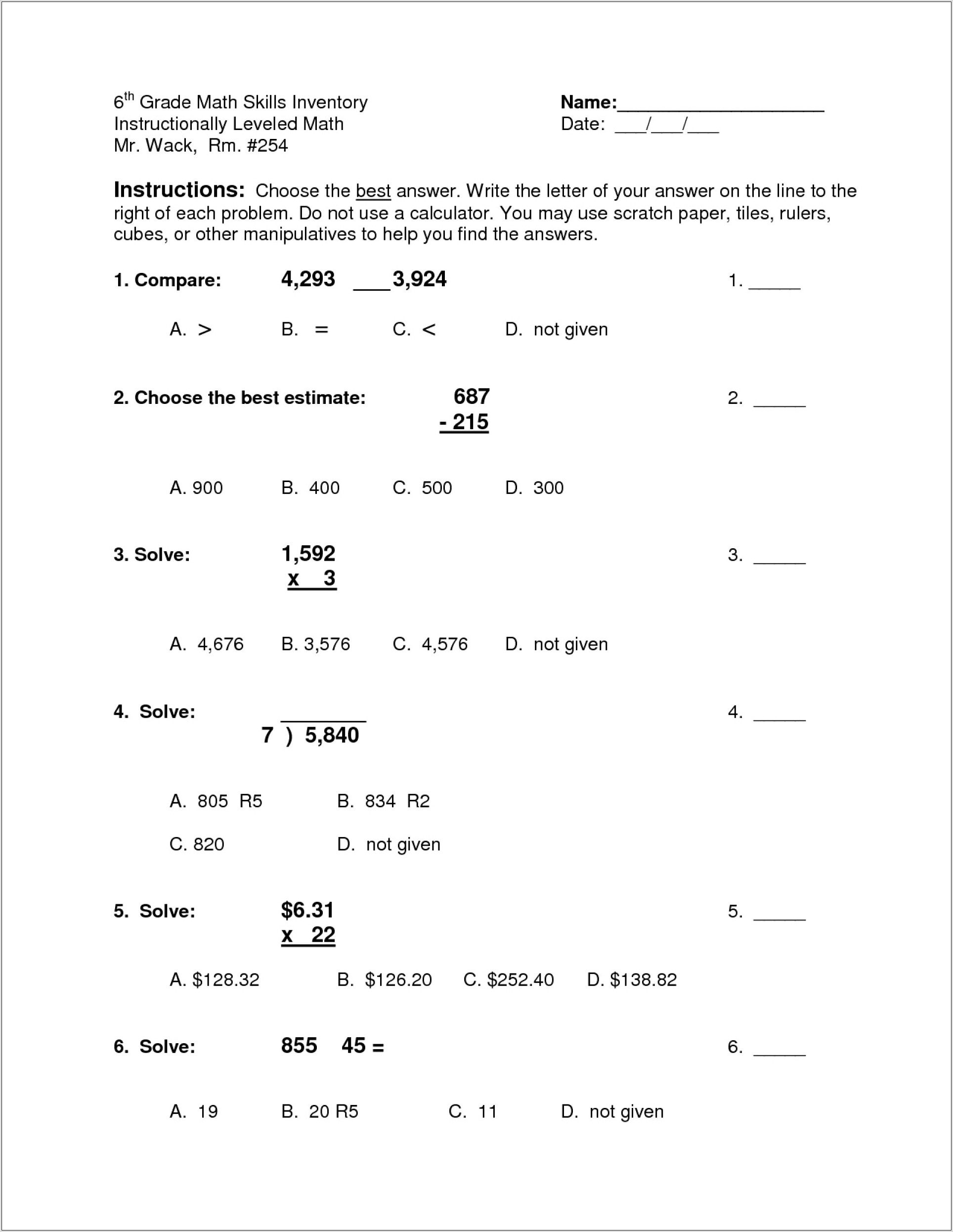 Six Grade Math Problems Worksheets