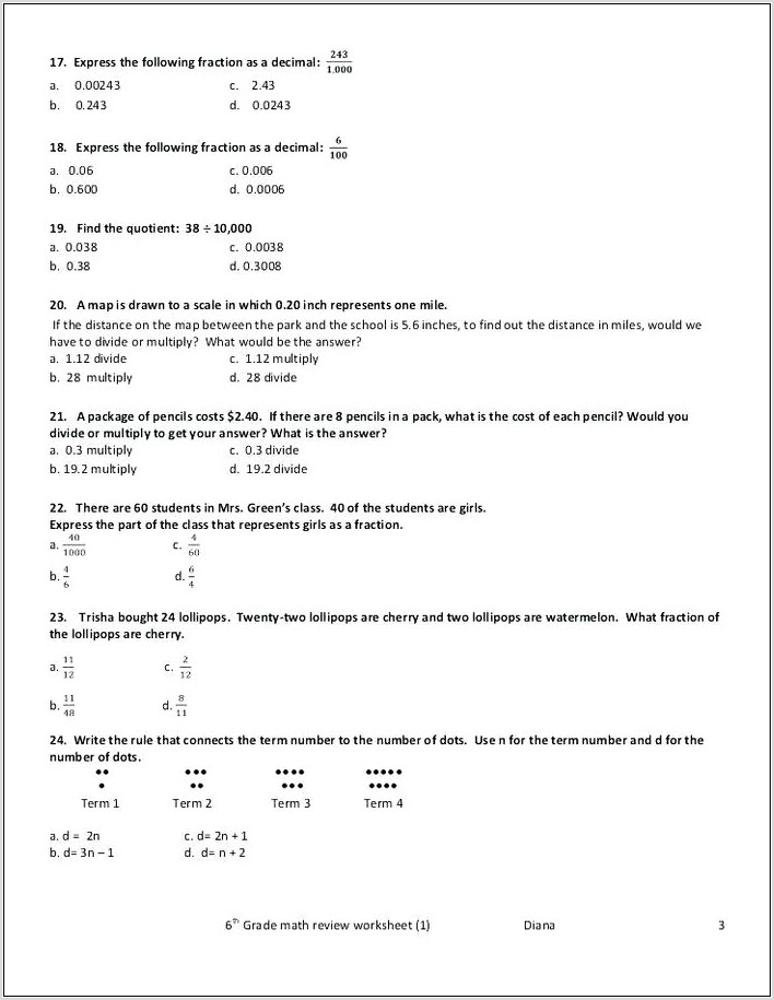 Sixth Grade Math Test Printable