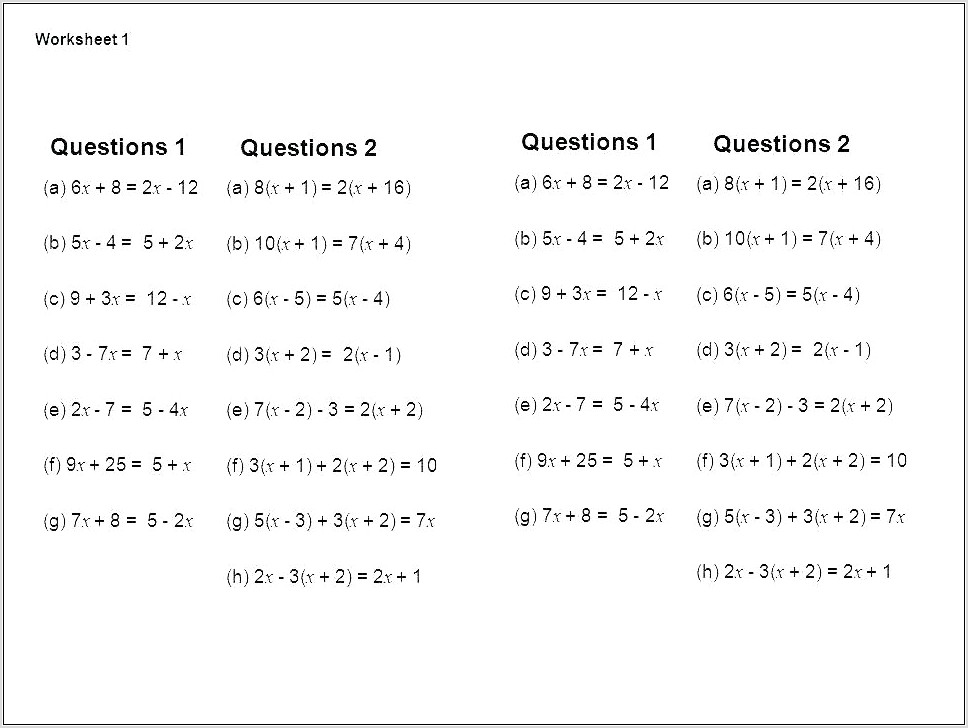 Solving Linear Equations Worksheet Word Document