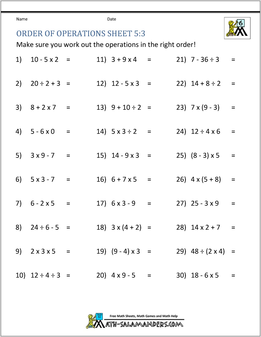 Solving Problems Using Order Of Operations Worksheet