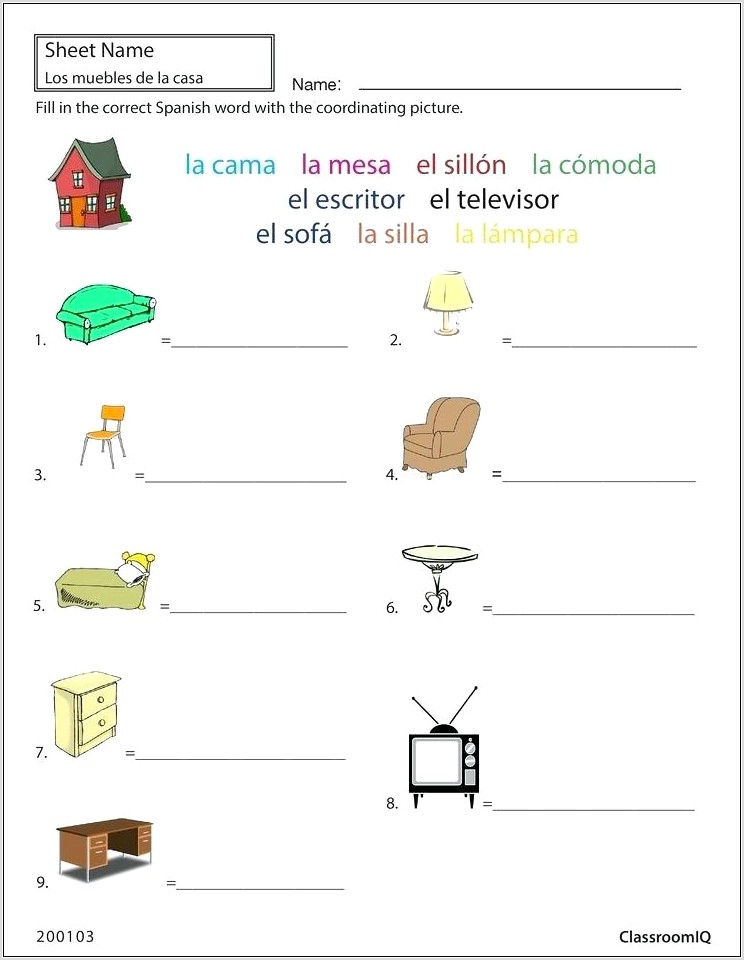 Spanish Classroom Items Worksheets