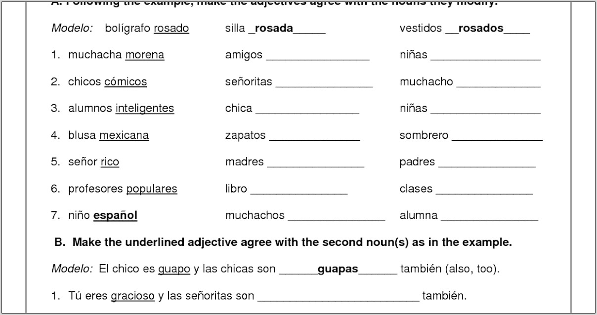 Spanish Descriptive Words Worksheet