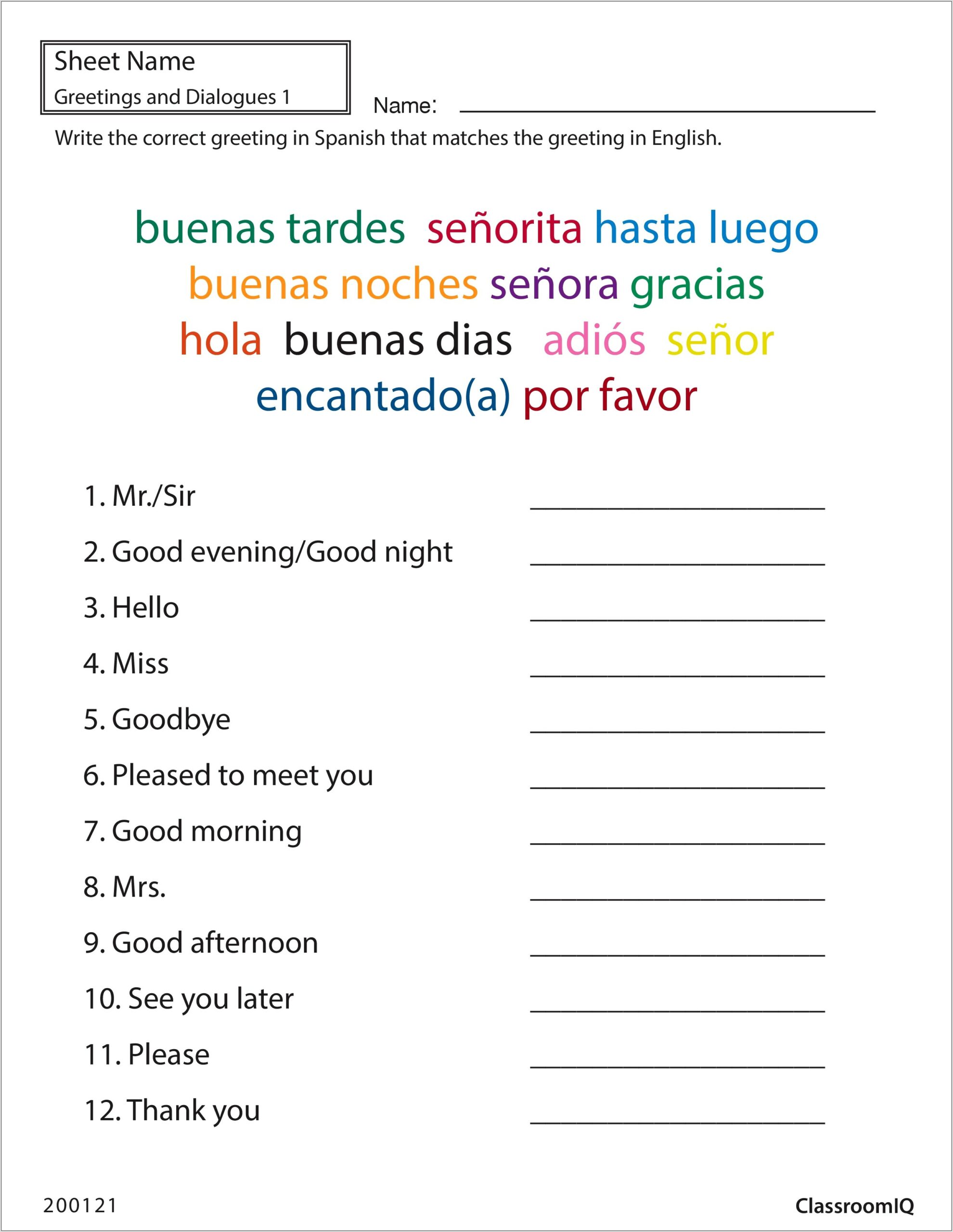 Spanish Numbers Worksheet 1 20