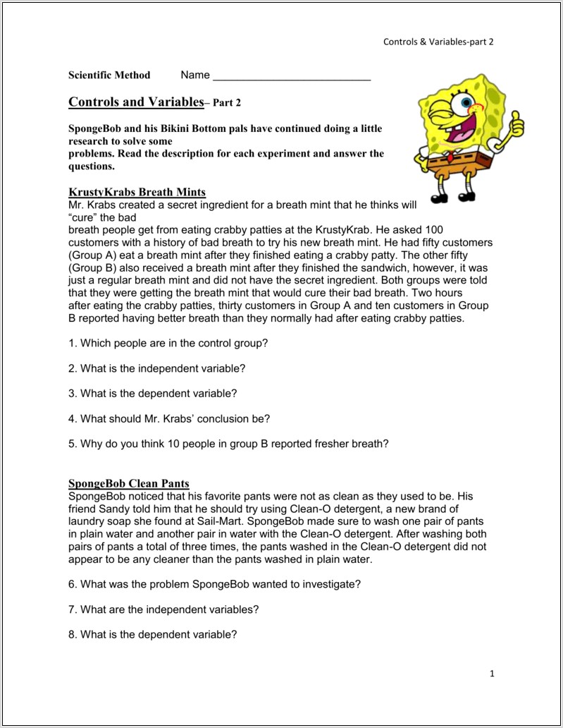 Spongebob Scientific Method Worksheet Answer Key