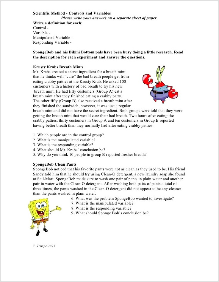 Spongebob Worksheet Scientific Method