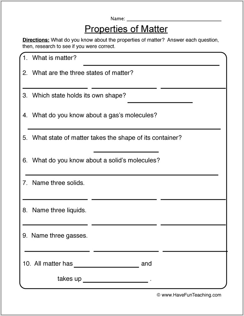 States Of Matter Worksheet For 1st Grade