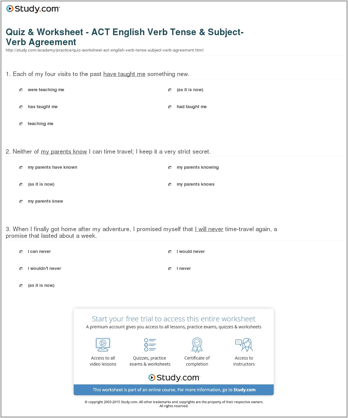 Subject Verb Agreement Act Worksheet