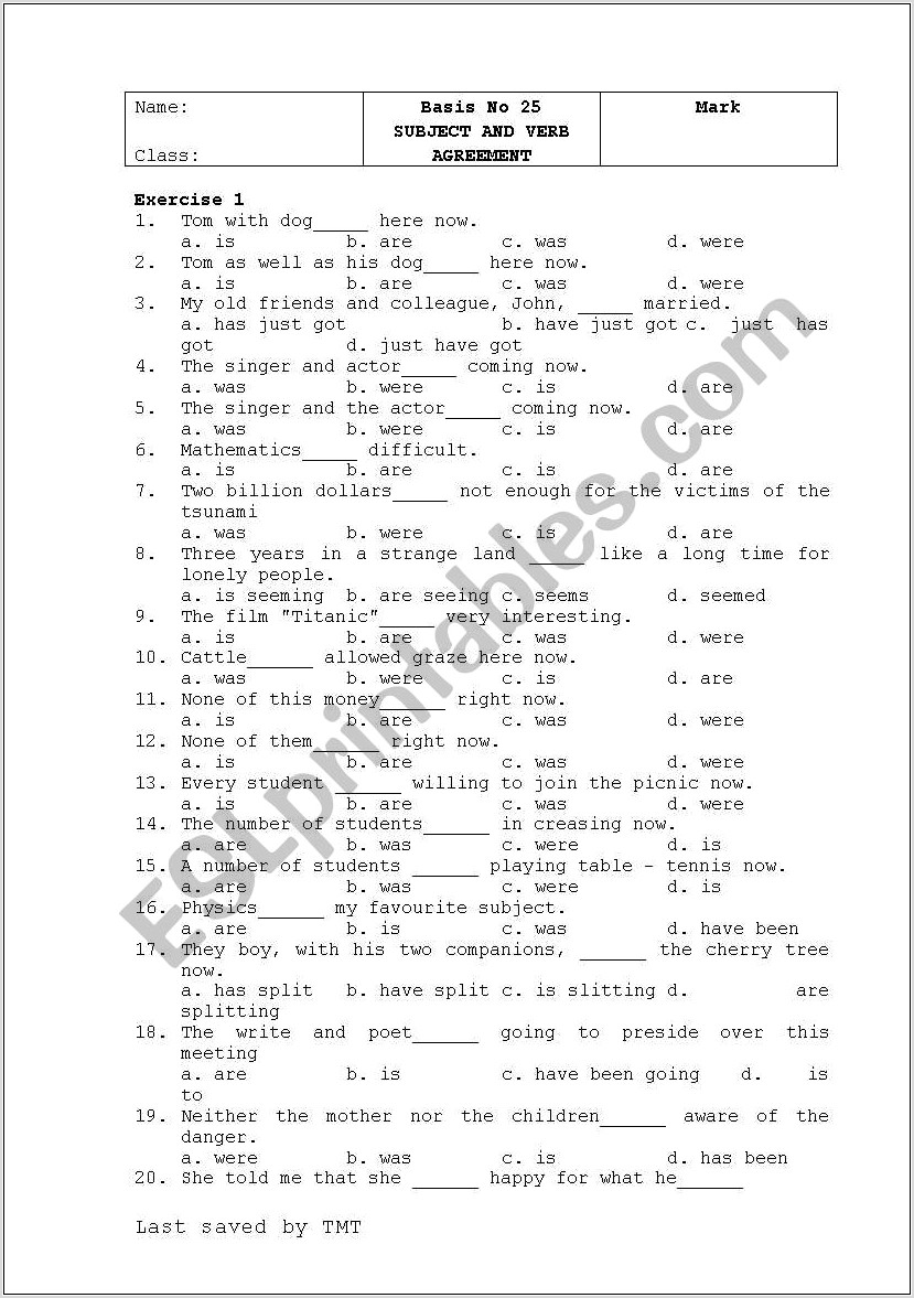 Subject Verb Agreement Exercises Advanced Learners