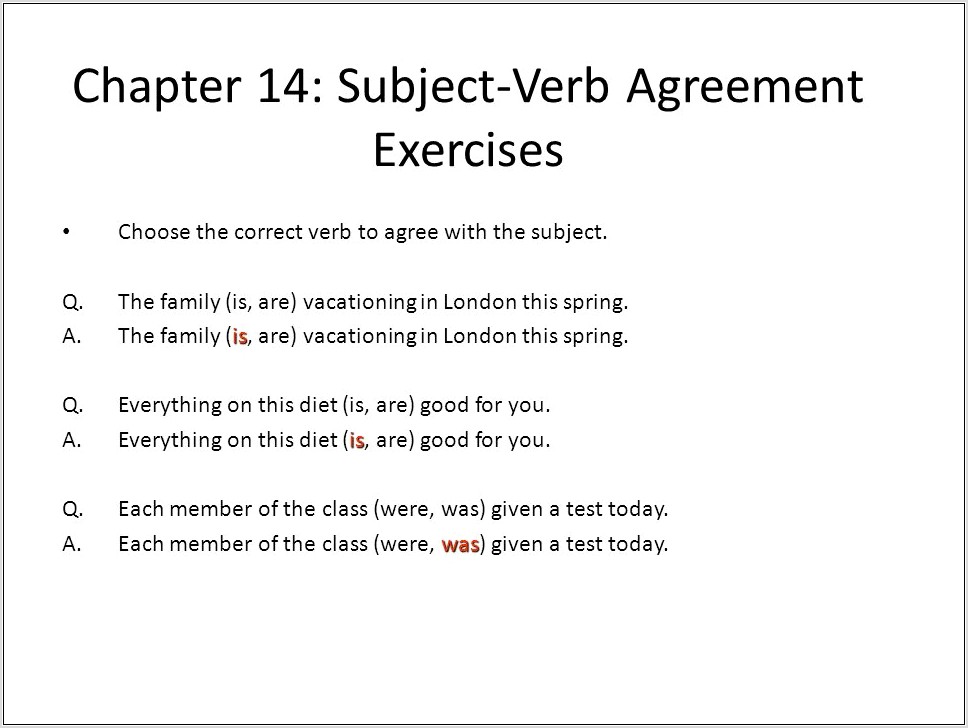 Subject Verb Agreement Exercises Test