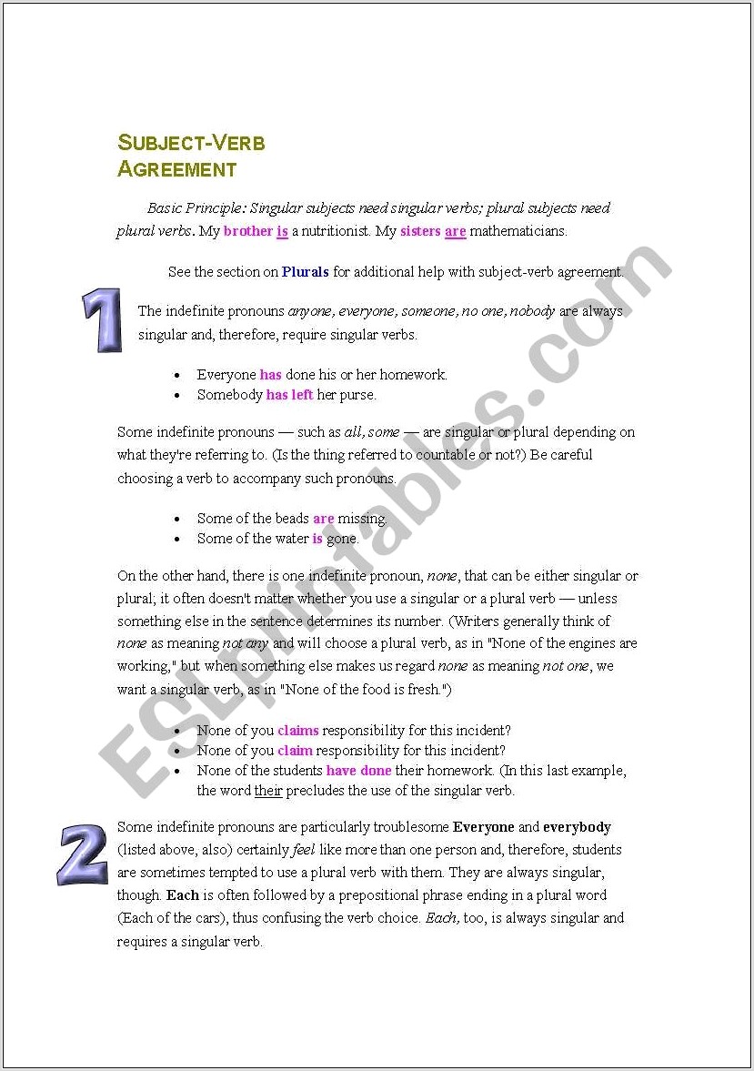 Subject Verb Agreement Exercises Violet