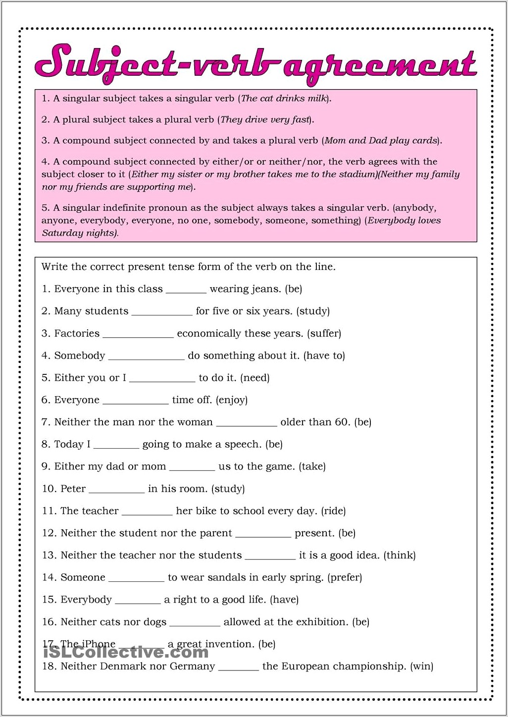 Subject Verb Agreement Quiz 20 Items