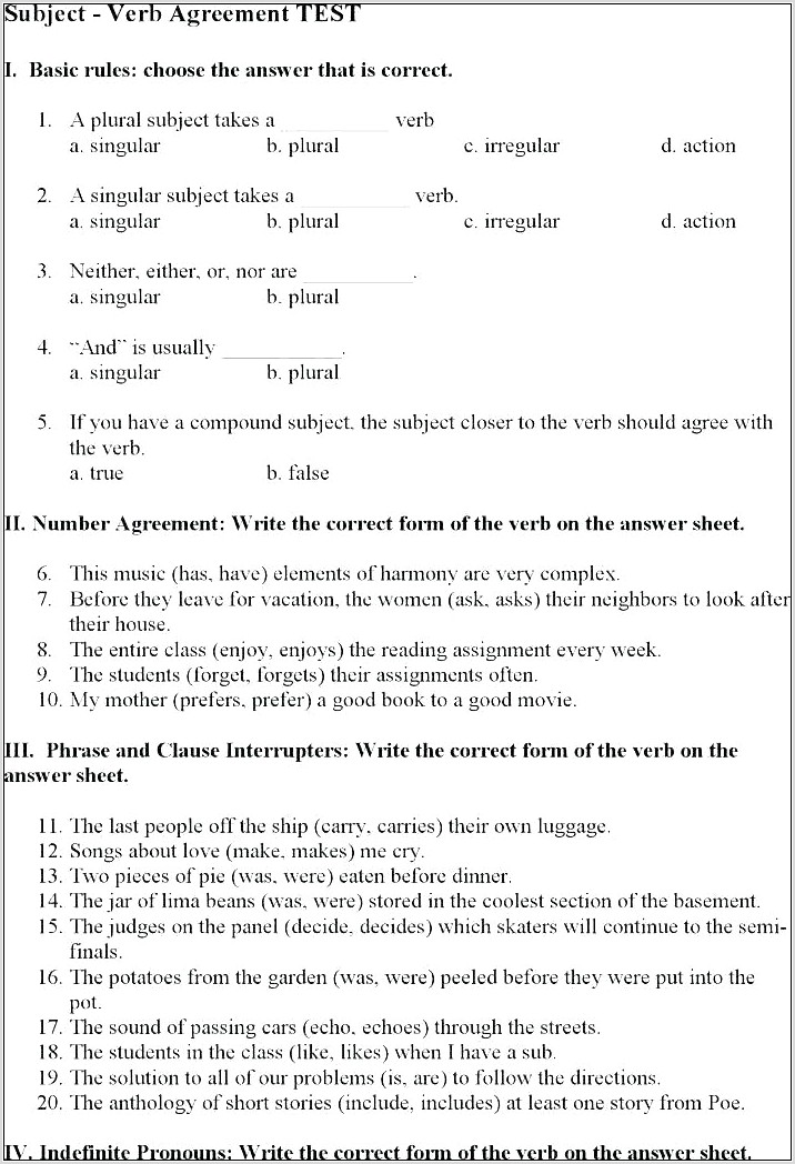 Subject Verb Agreement Quiz Answers