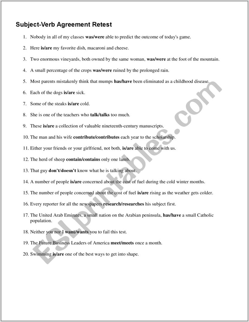 Subject Verb Agreement Worksheet Answer Sheet