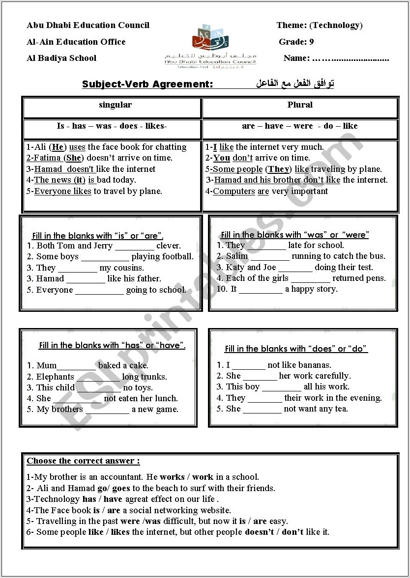 Subject Verb Agreement Worksheet English For Everyone