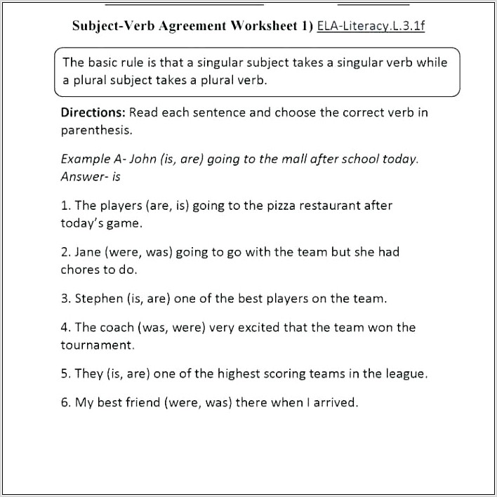Subject Verb Agreement Worksheet For Grade 8