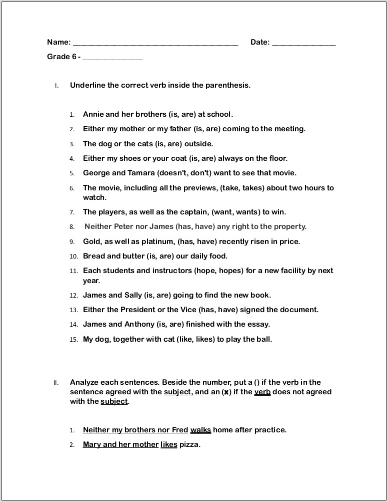 Subject Verb Agreement Worksheet For Grade 9