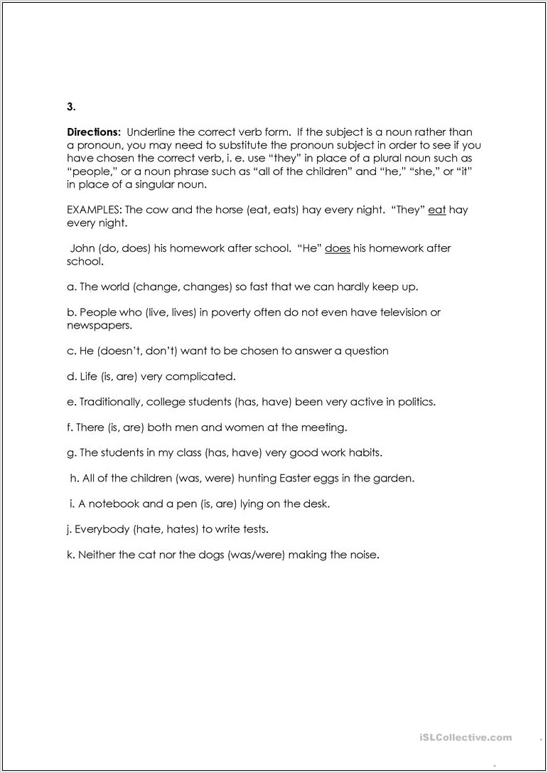 Subject Verb Agreement Worksheet Free