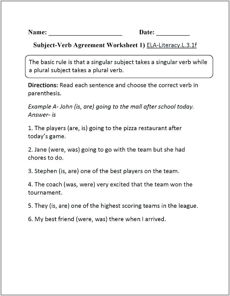 Subject Verb Agreement Worksheet Grade 11