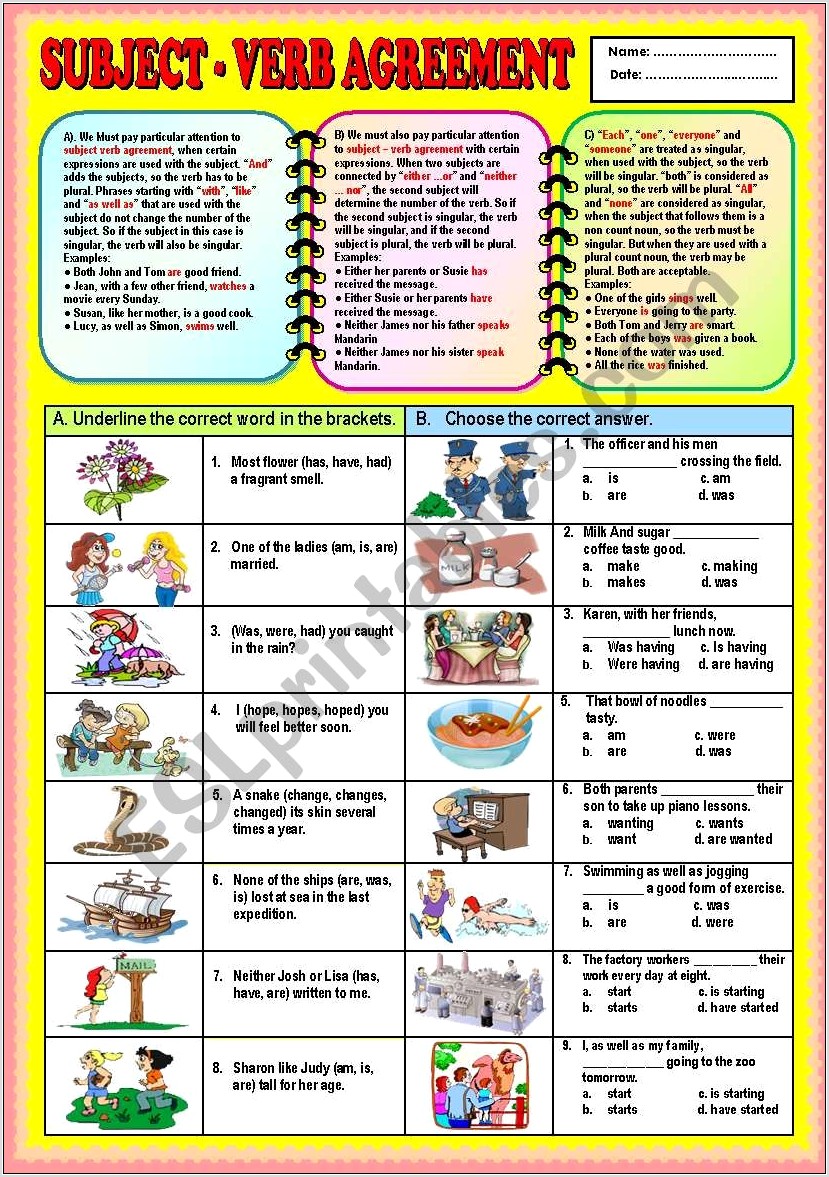 Subject Verb Agreement Worksheet Part 1