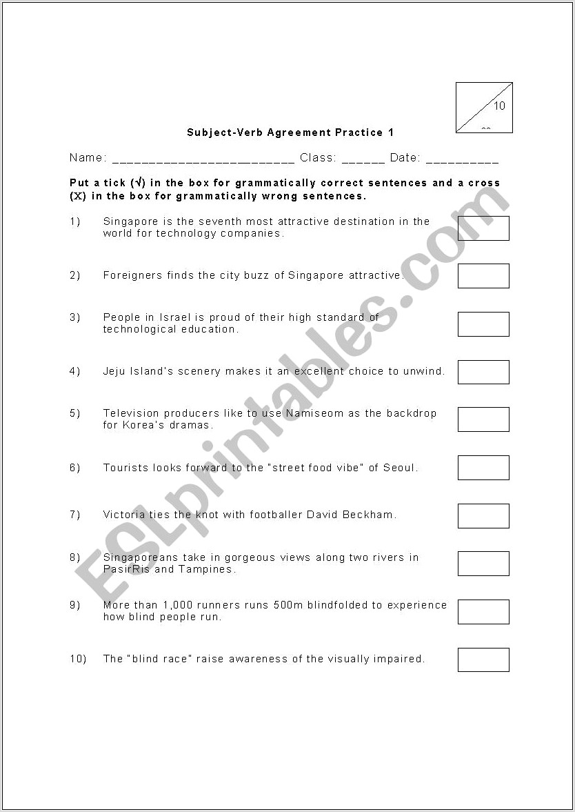 Subject Verb Agreement Worksheet Practice